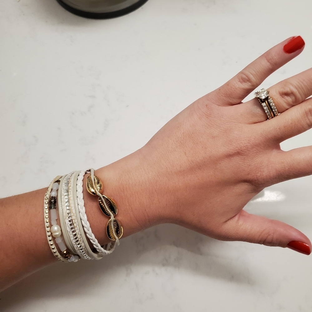 White Leather Gold Seashell Wrap Bracelet Preppy Boho Bride Nautical Party Glam - Picture 9 of 9